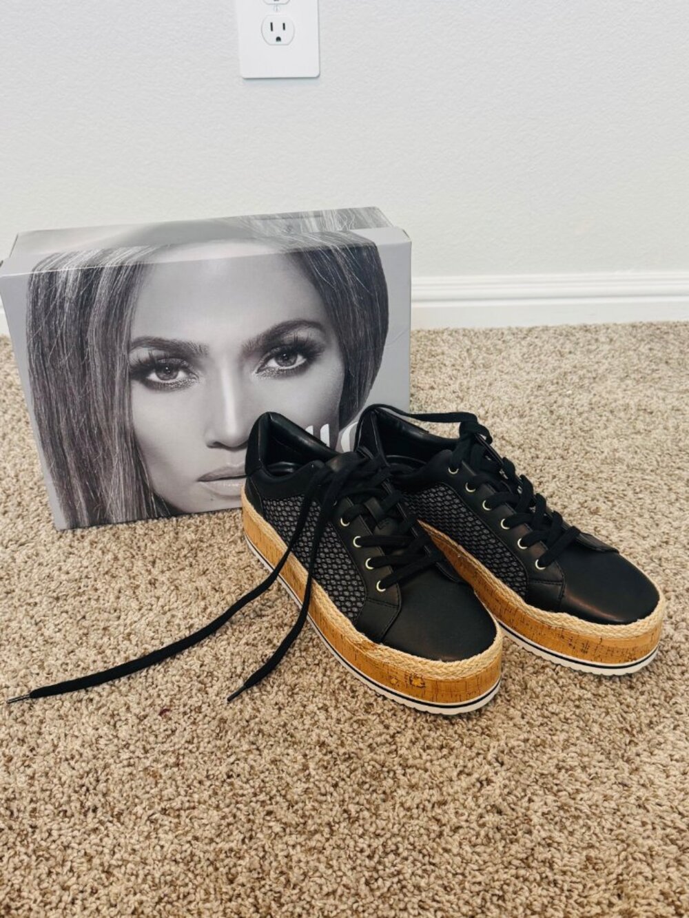 JLO Jennifer Lopez Black Cork Platform Sneakers sz 9.5